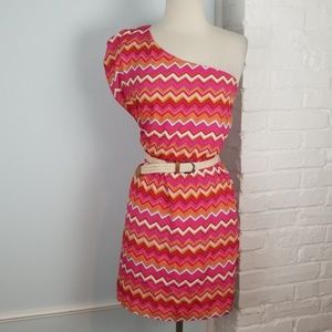 Iz Byer One Shoulder Pink & Orange Belted Dress